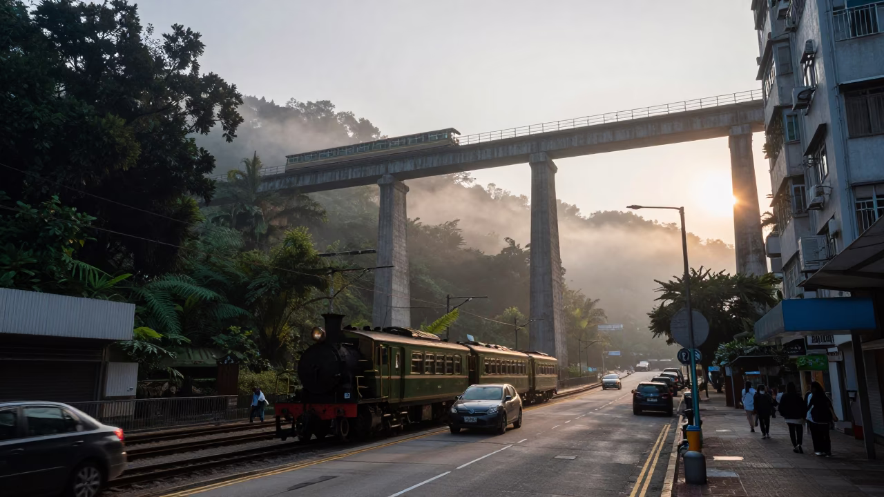 Hong Kong Street Morning Before Sunrise with Steam Train Viaduct and Pigeons in in Hong Kong, Hong Kong