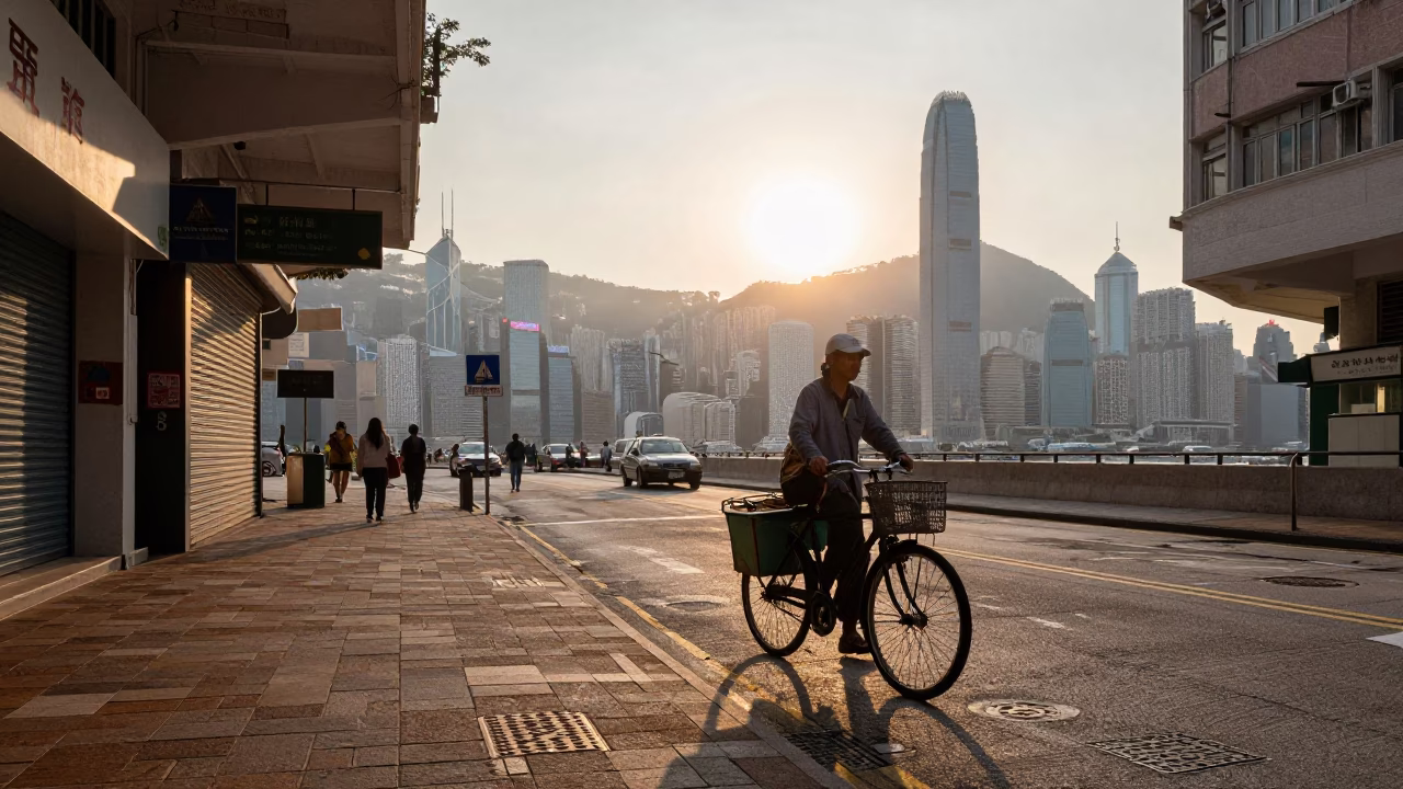 Hong Kong street scene after sunrise with bicycle basket and fruit tarts in in Hong Kong, Hong Kong