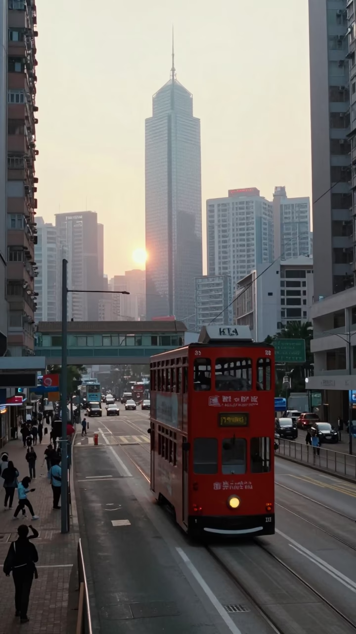 Hong Kong street scene after sunrise with heritage tram and busy morning traffic in in Hong Kong, Hong Kong
