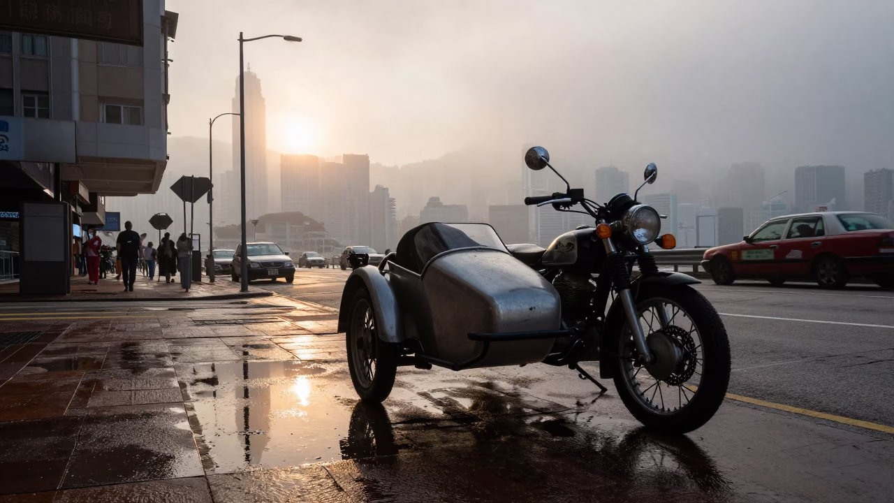 Hong Kong Street Scene After Sunrise with Puddle Reflections and Vintage Motorcycle in in Hong Kong, Hong Kong