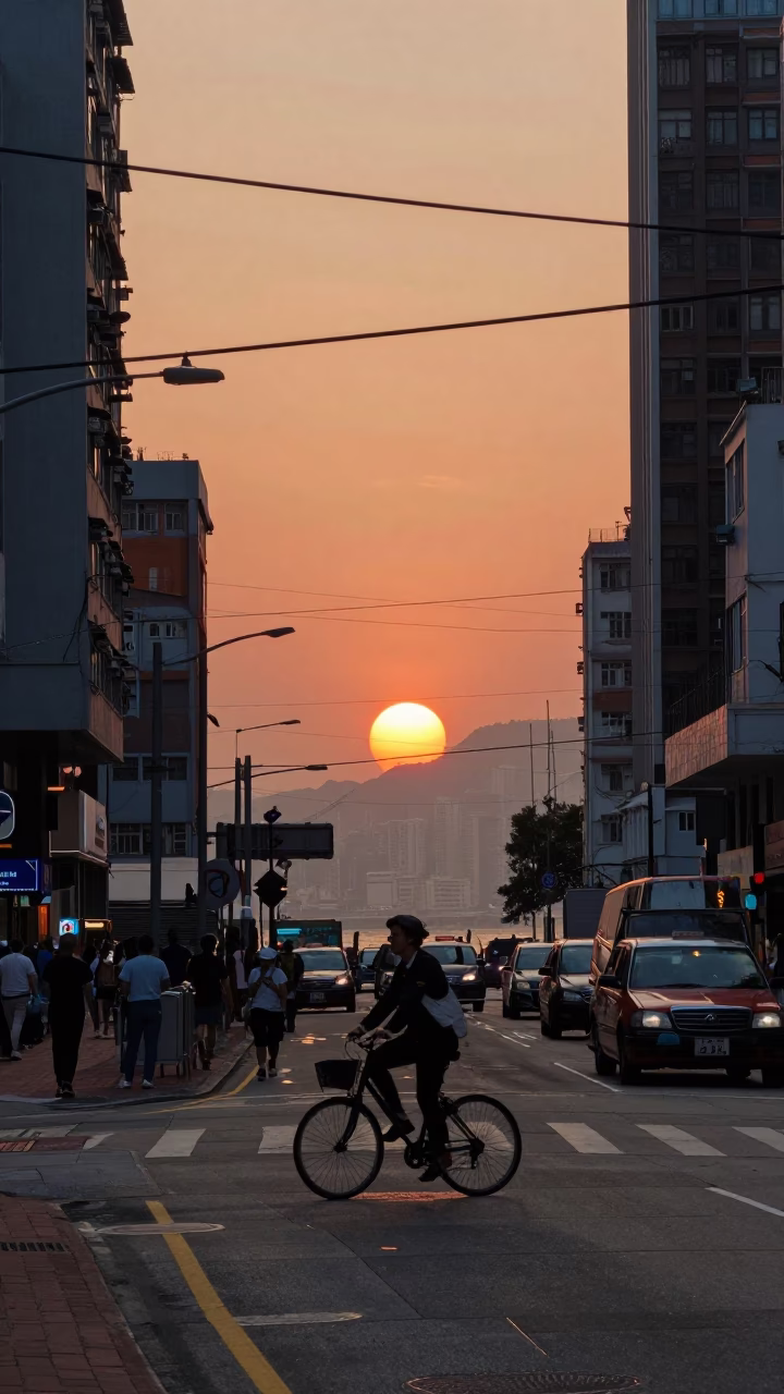 Hong Kong Street Scene at As The Sun Drops Toward The Horizon in in Hong Kong, Hong Kong