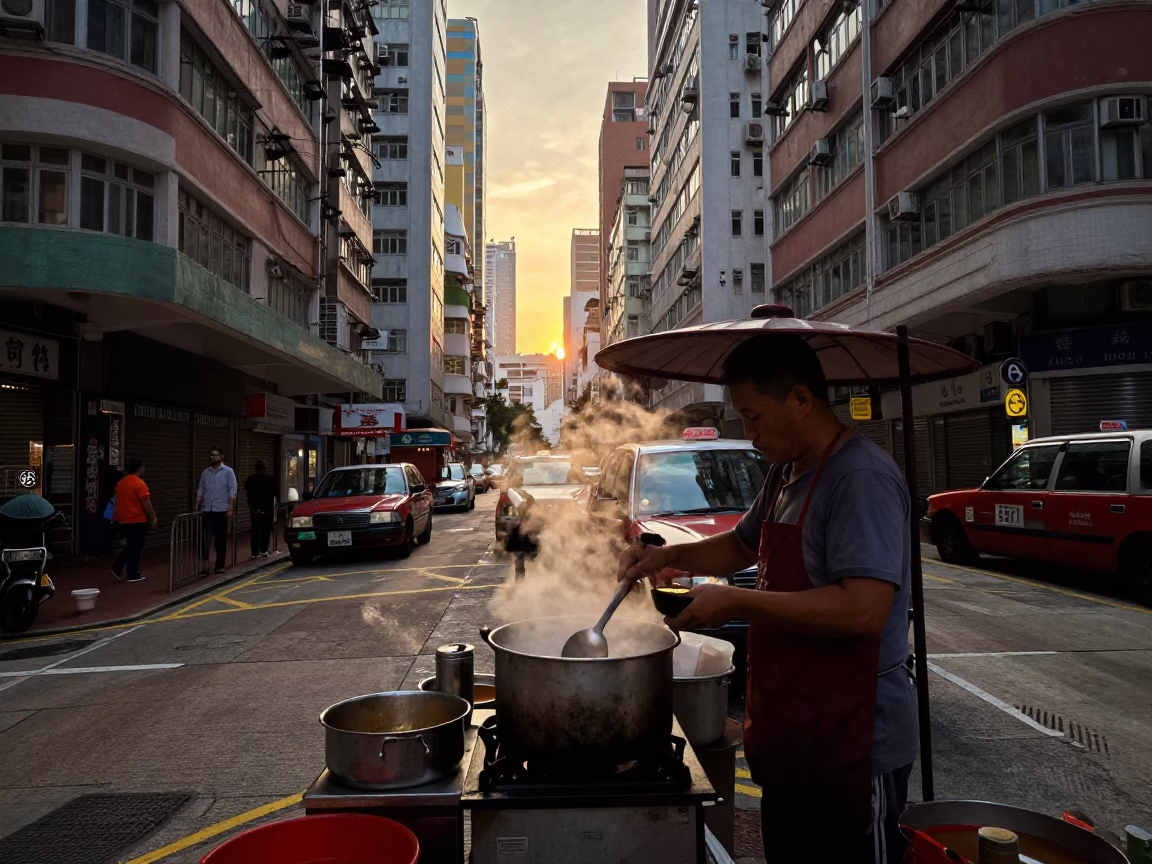 Hong Kong Street Scene at Dawn with Congee and Urban Background in in Hong Kong, Hong Kong