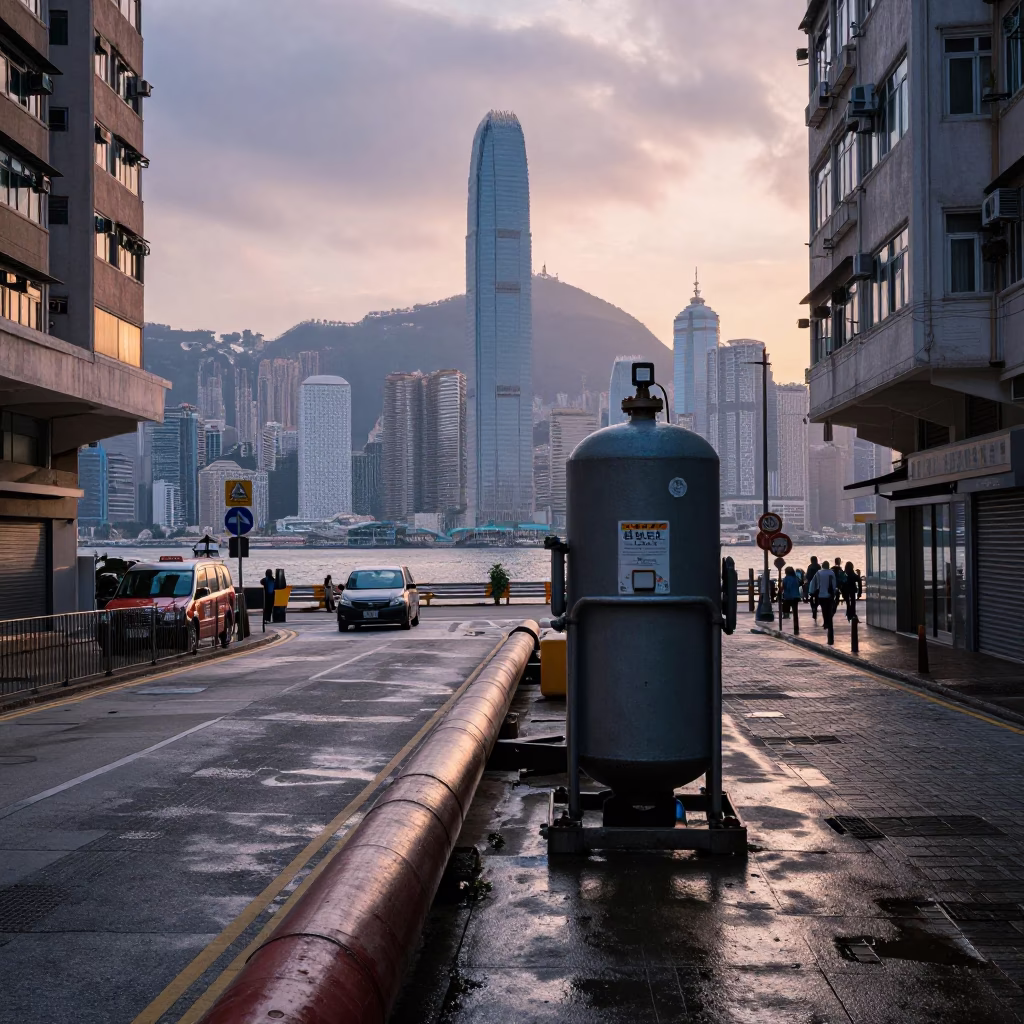 Hong Kong Street Scene at Dawn with Wet Pipeline and Urban Infrastructure in in Hong Kong, Hong Kong