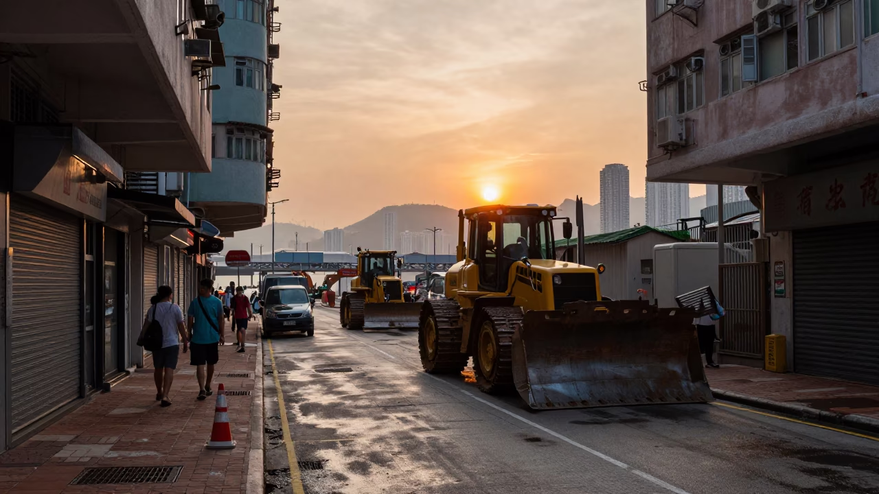 Hong Kong Street Scene at Dusk with Bulldozer Construction and Miniature American Shepherd in in Hong Kong, Hong Kong