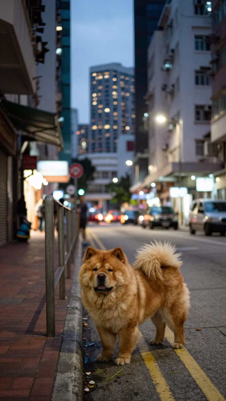 Hong Kong Street Scene at Dusk with Chow Chow and Clematis Vine in in Hong Kong, Hong Kong