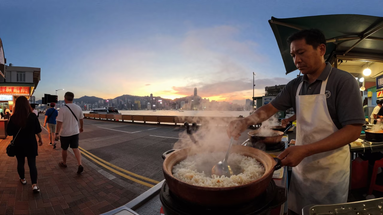 Hong Kong Street Scene at Dusk with Claypot Rice and Apron in in Hong Kong, Hong Kong