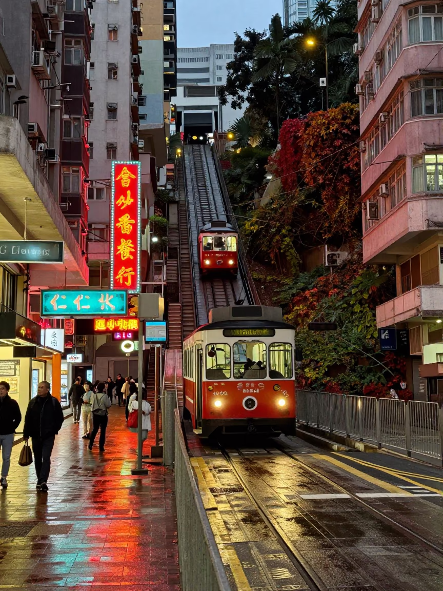 Hong Kong Street Scene at Dusk with Funicular and Substation Fence in in Hong Kong, Hong Kong
