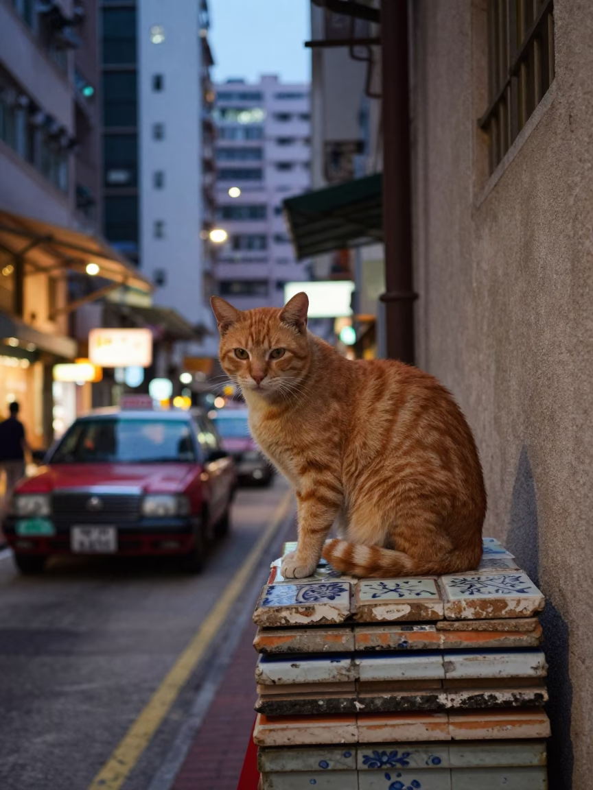 Hong Kong Street Scene at Dusk with Ginger Cat and Ceramic Tiles in in Hong Kong, Hong Kong