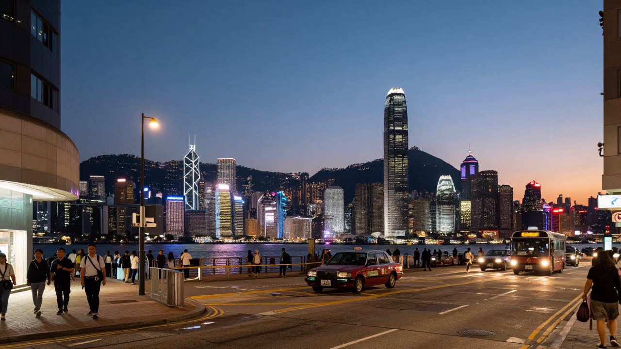 Hong Kong Street Scene at Dusk with Neon Lights and Urban Life in in Hong Kong, Hong Kong