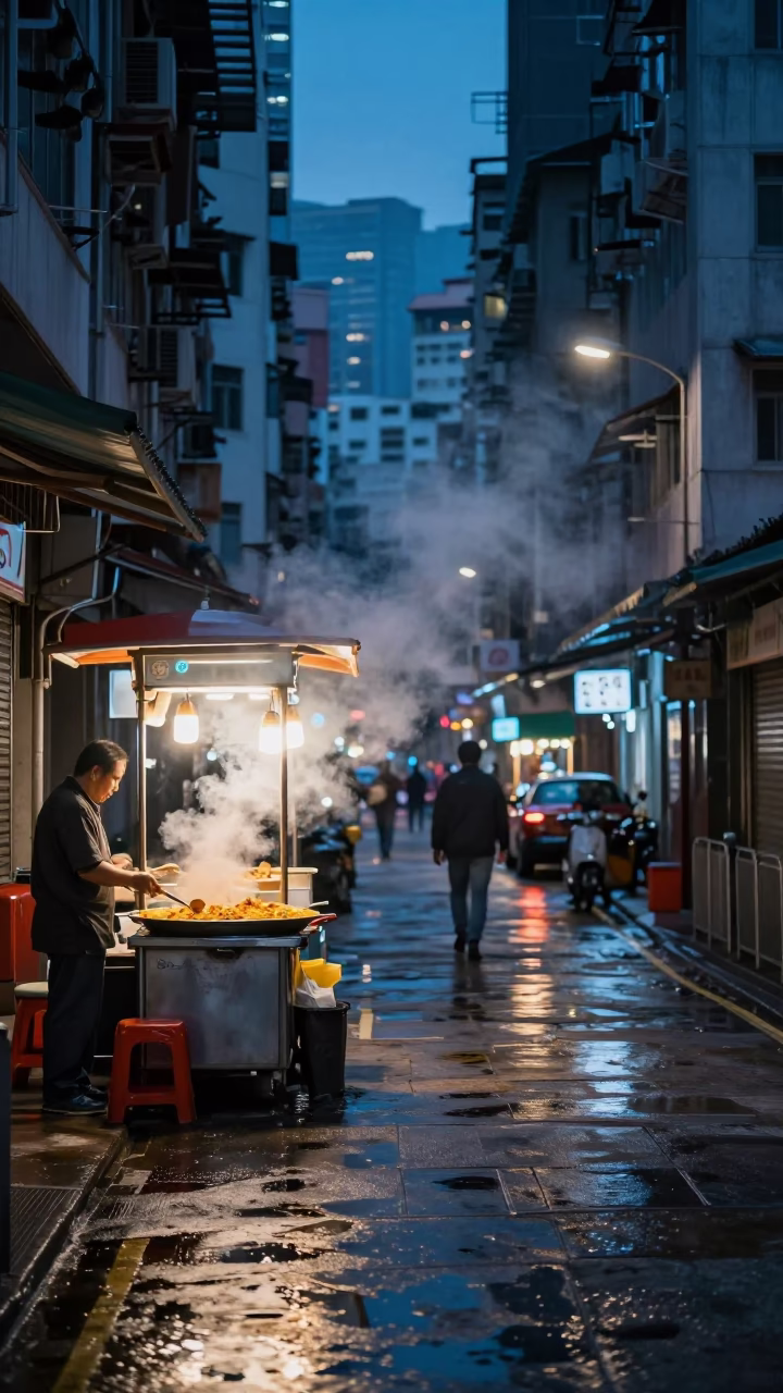 Hong Kong Street Scene at Dusk with Neon Reflections and Urban Details in in Hong Kong, Hong Kong