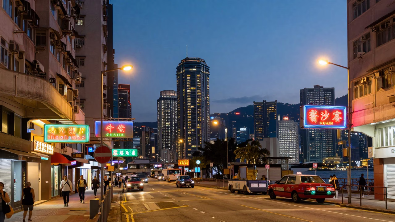 Hong Kong street scene at dusk with neon signs and urban architecture in in Hong Kong, Hong Kong