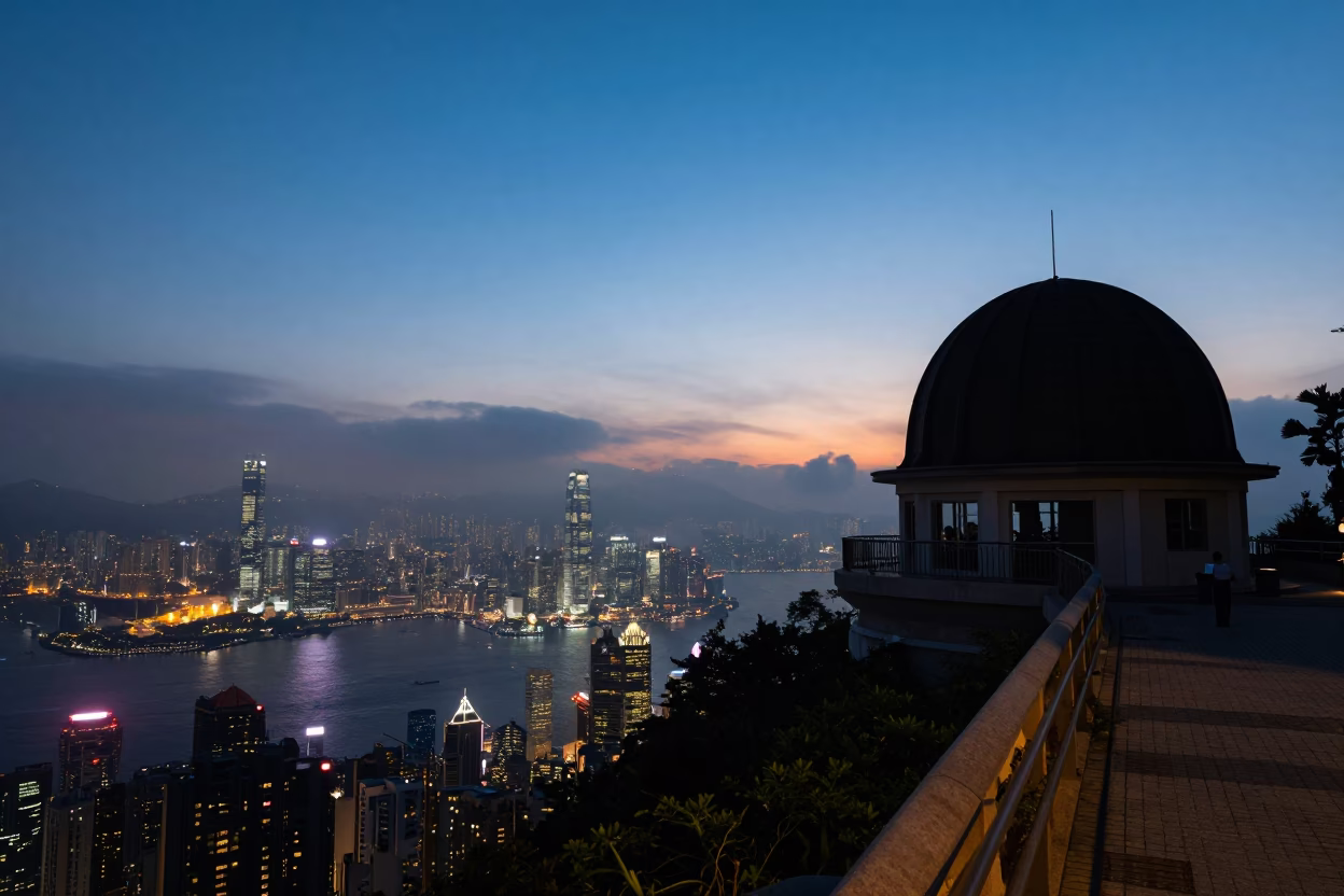 Hong Kong Street Scene at Dusk with Observatory Silhouette and Urban Lights in in Hong Kong, Hong Kong