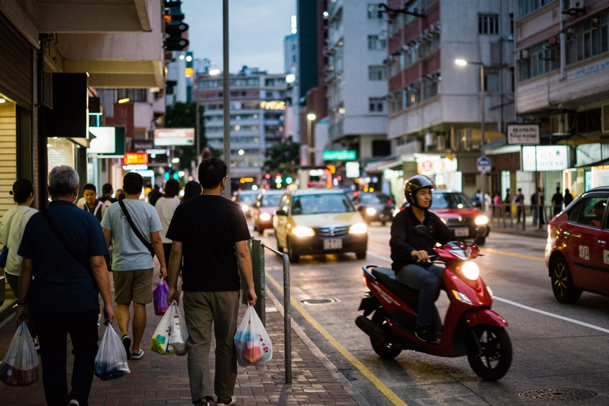 Hong Kong Street Scene at Dusk with Scooter and Banh Cuon in in Hong Kong, Hong Kong