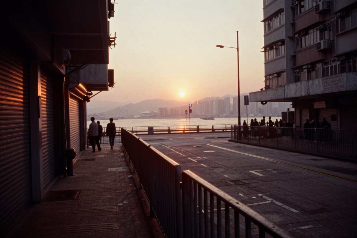 Hong Kong Street Scene at Dusk with Smudged Rail and Storage Tins in in Hong Kong, Hong Kong