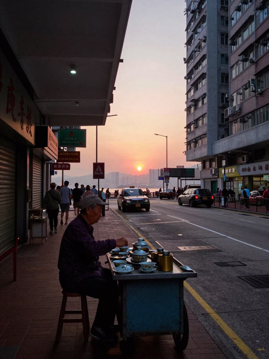 Hong Kong Street Scene at Dusk with Traditional Tea Set and Rusty Saucer in in Hong Kong, Hong Kong
