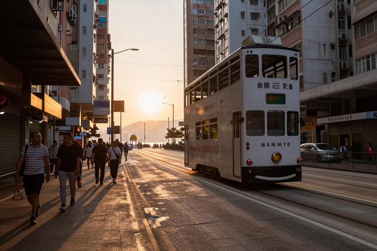 Hong Kong Street Scene at Dusk with Tram and Local Dining in in Hong Kong, Hong Kong
