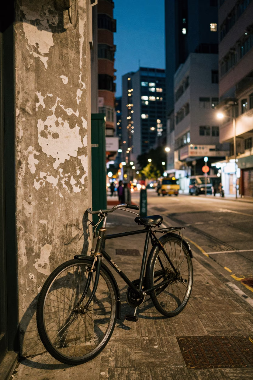 Hong Kong Street Scene at Dusk with Vintage Bicycle and Table Fan in in Hong Kong, Hong Kong