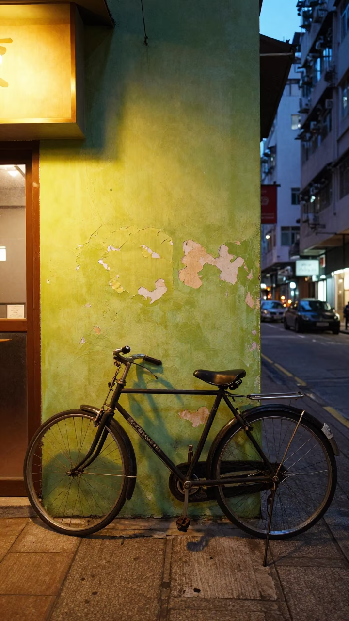 Hong Kong Street Scene at Dusk with Vintage Bicycle and Wicker Shadow in in Hong Kong, Hong Kong