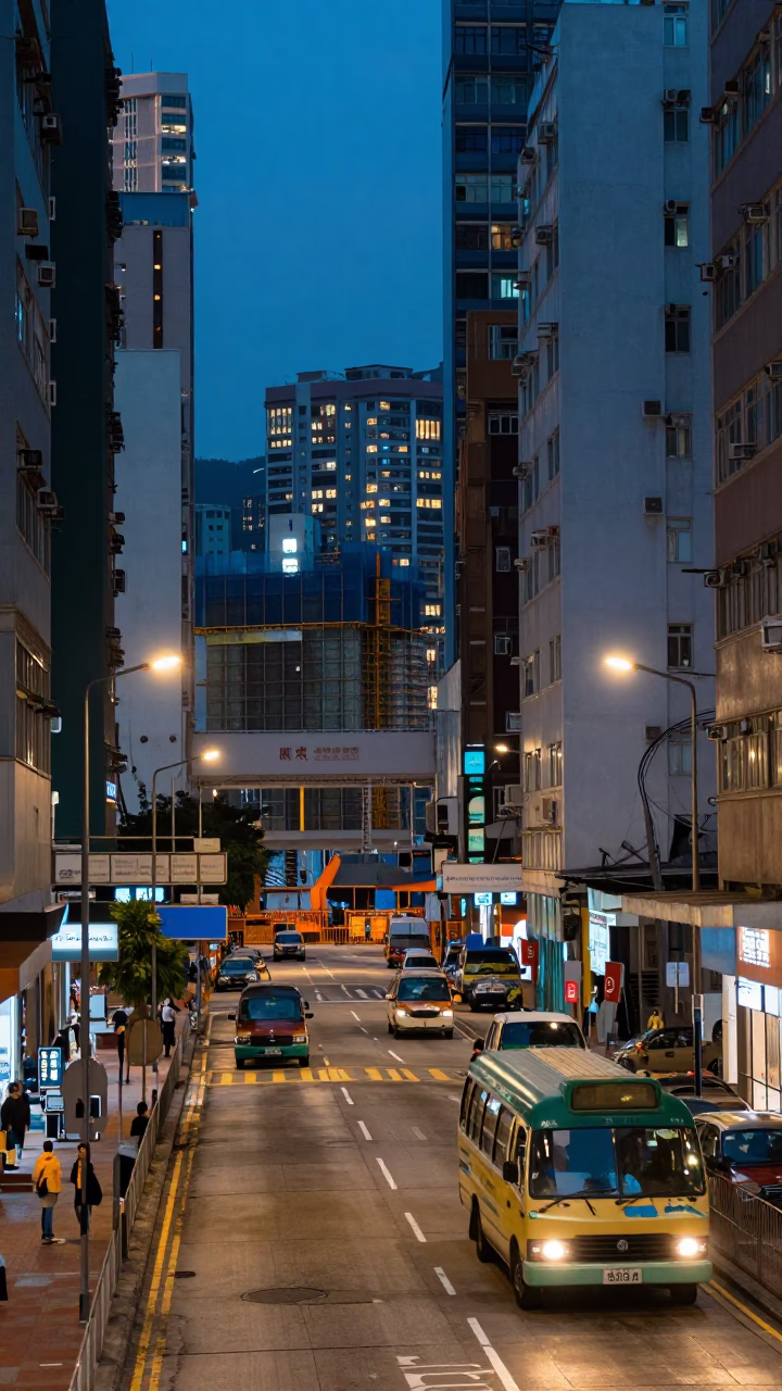 Hong Kong Street Scene at Dusk with Vintage Bus and Construction Site in in Hong Kong, Hong Kong
