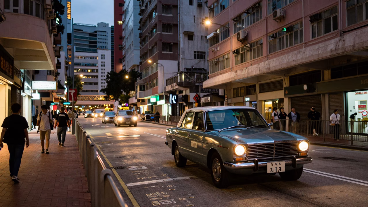 Hong Kong Street Scene at Dusk with Vintage Car and Urban Architecture in in Hong Kong, Hong Kong