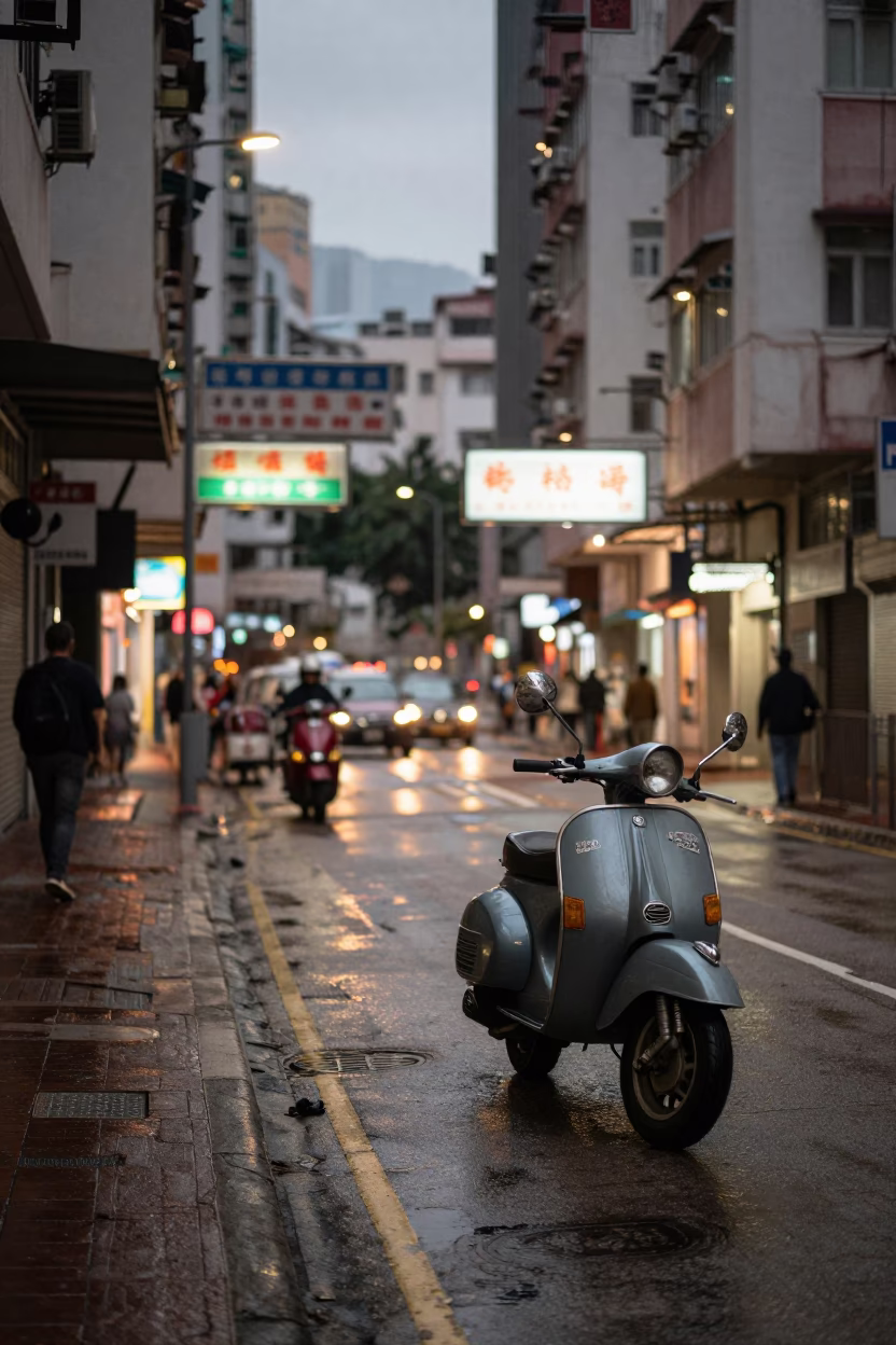 Hong Kong Street Scene at Dusk with Vintage Scooter and City Lights in in Hong Kong, Hong Kong