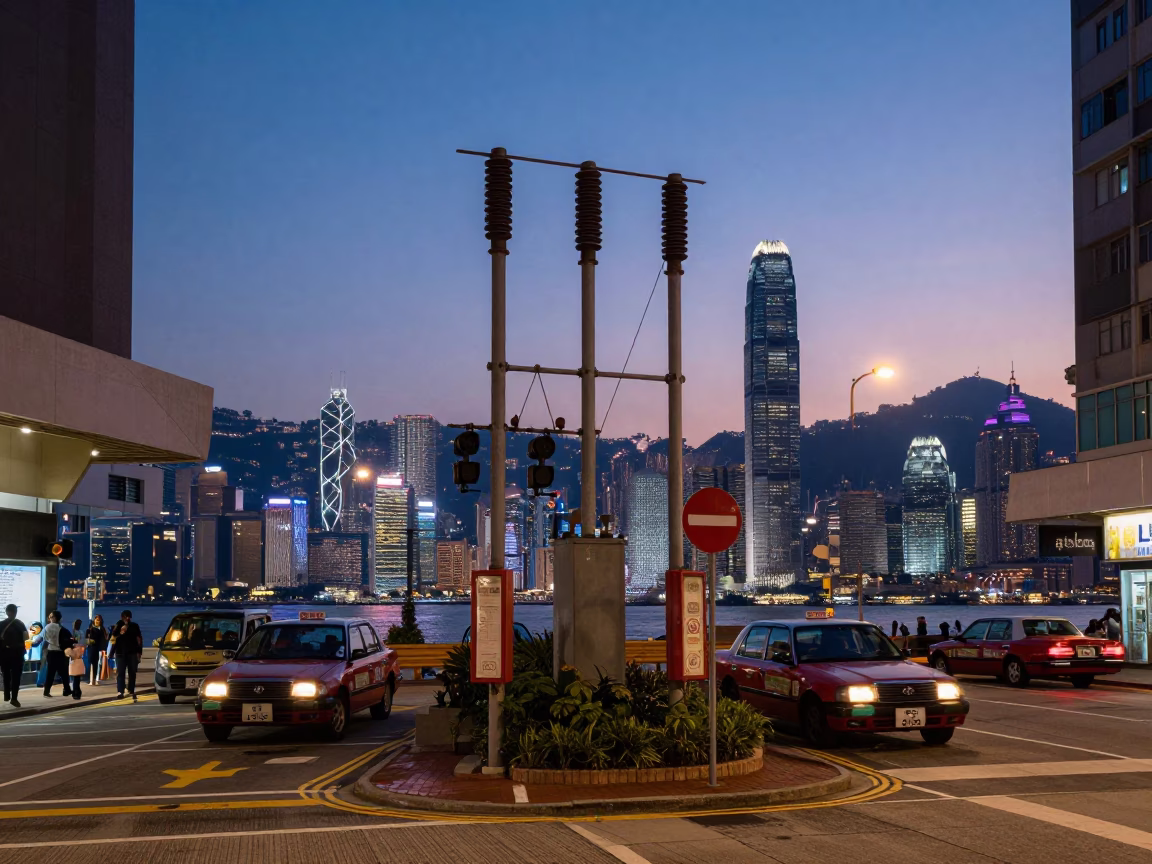 Hong Kong Street Scene at Nautical Dawn with Substation Busbars and Urban Infrastructure in in Hong Kong, Hong Kong