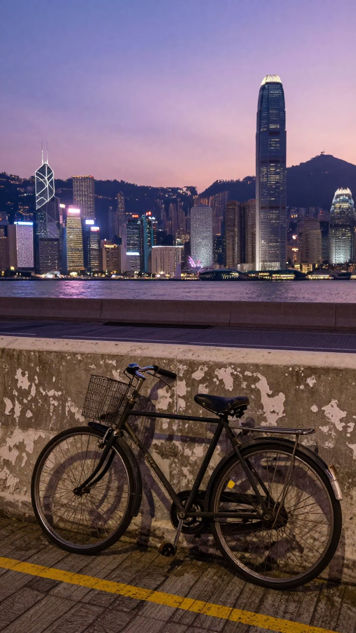 Hong Kong Street Scene at Nautical Dawn with Vintage Bicycle and Morning Commuters in in Hong Kong, Hong Kong