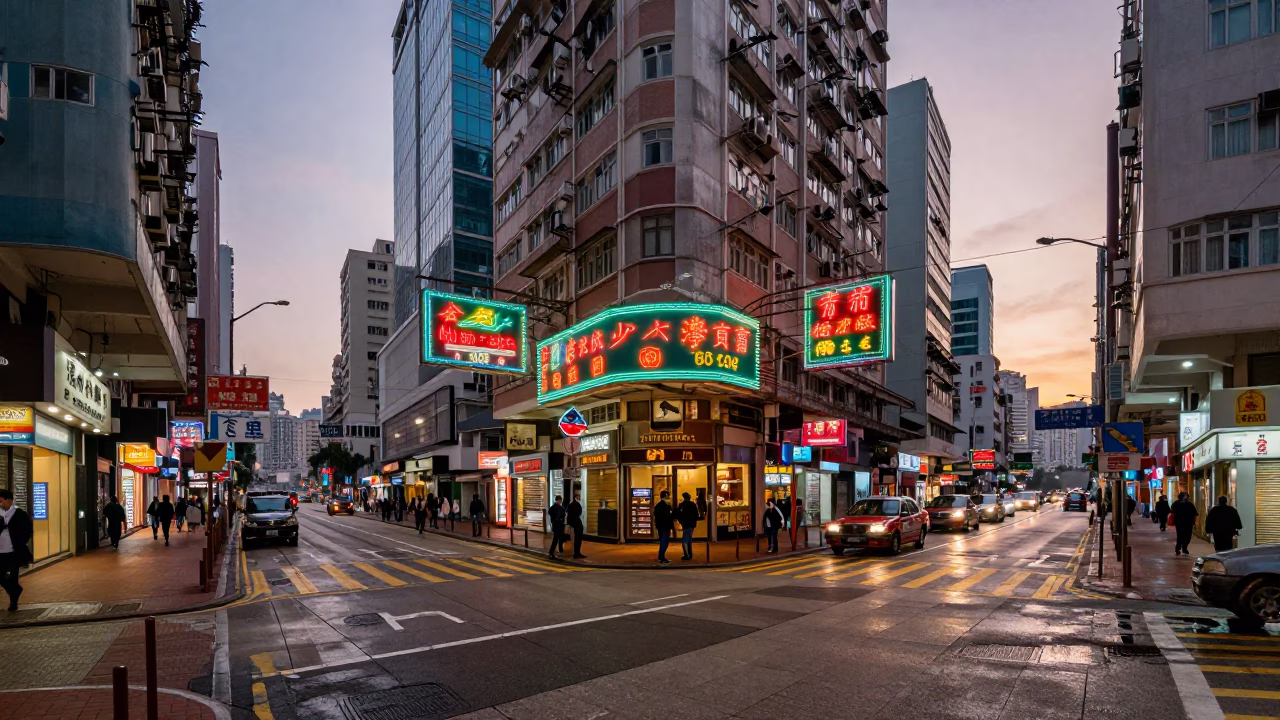 Hong Kong Street Scene at Nautical Dawn with Wet Asphalt and Classic Bus in in Hong Kong, Hong Kong