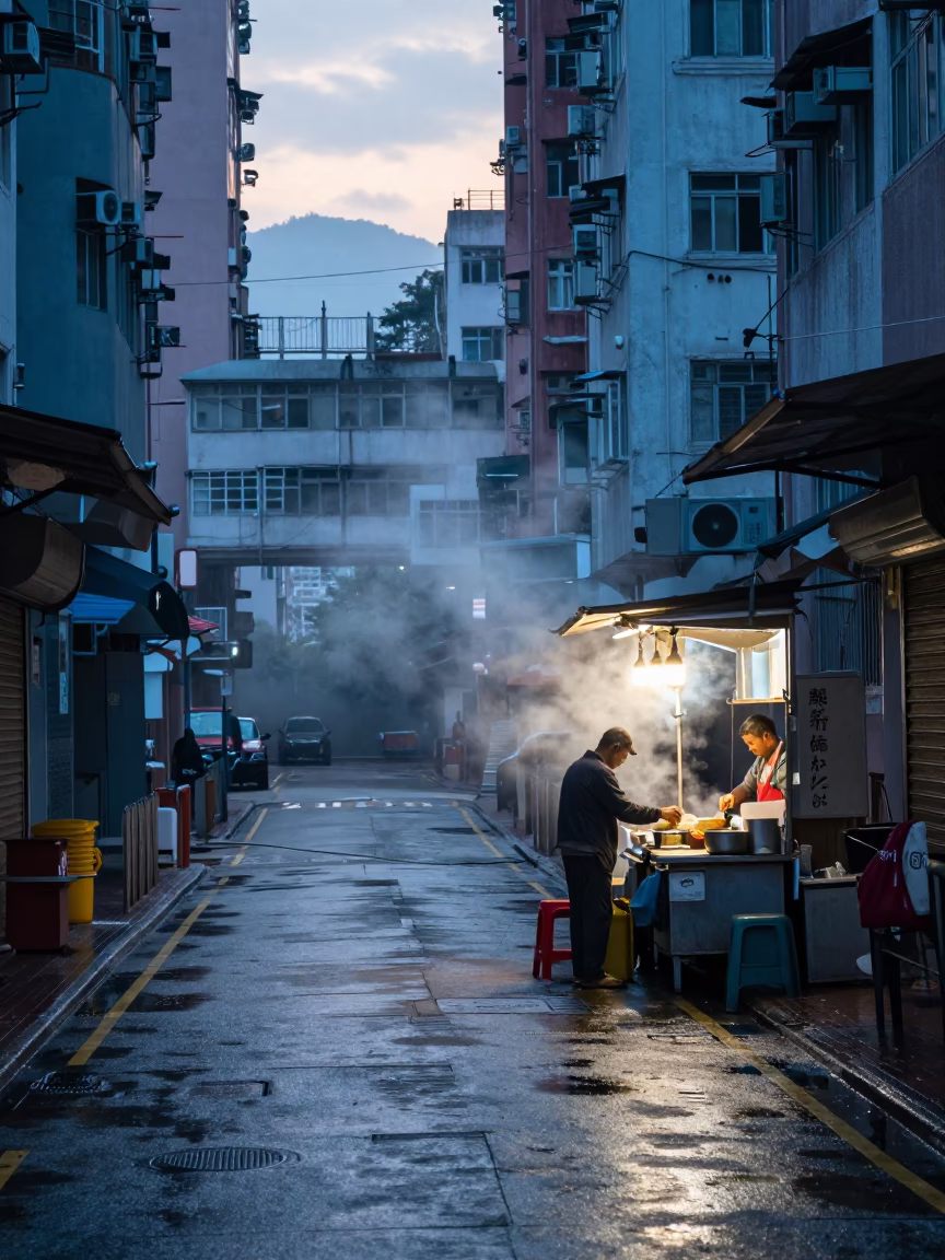 Hong Kong Street Scene at Nautical Dawn with Wet Pavement and Neon Reflections in in Hong Kong, Hong Kong