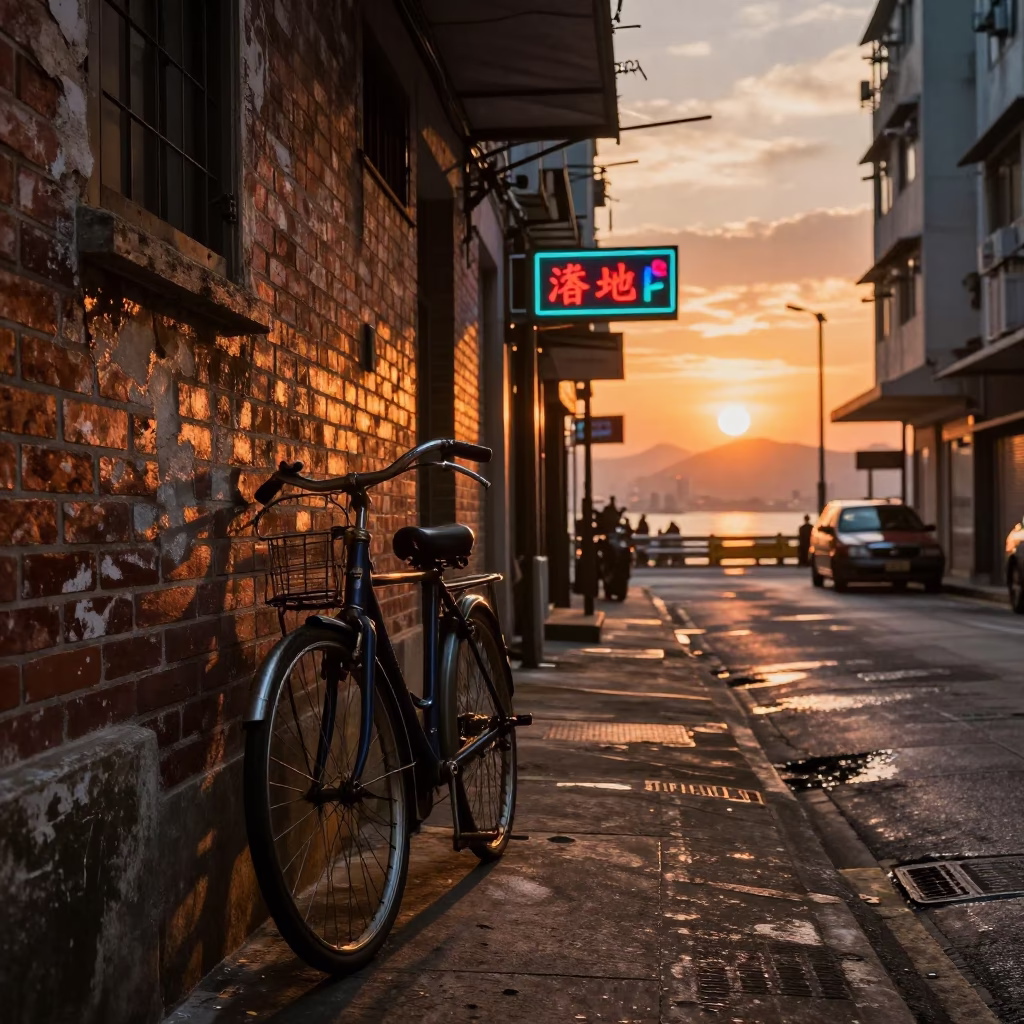 Hong Kong Street Scene at Sunset with Bicycle and Neon Signs in in Hong Kong, Hong Kong