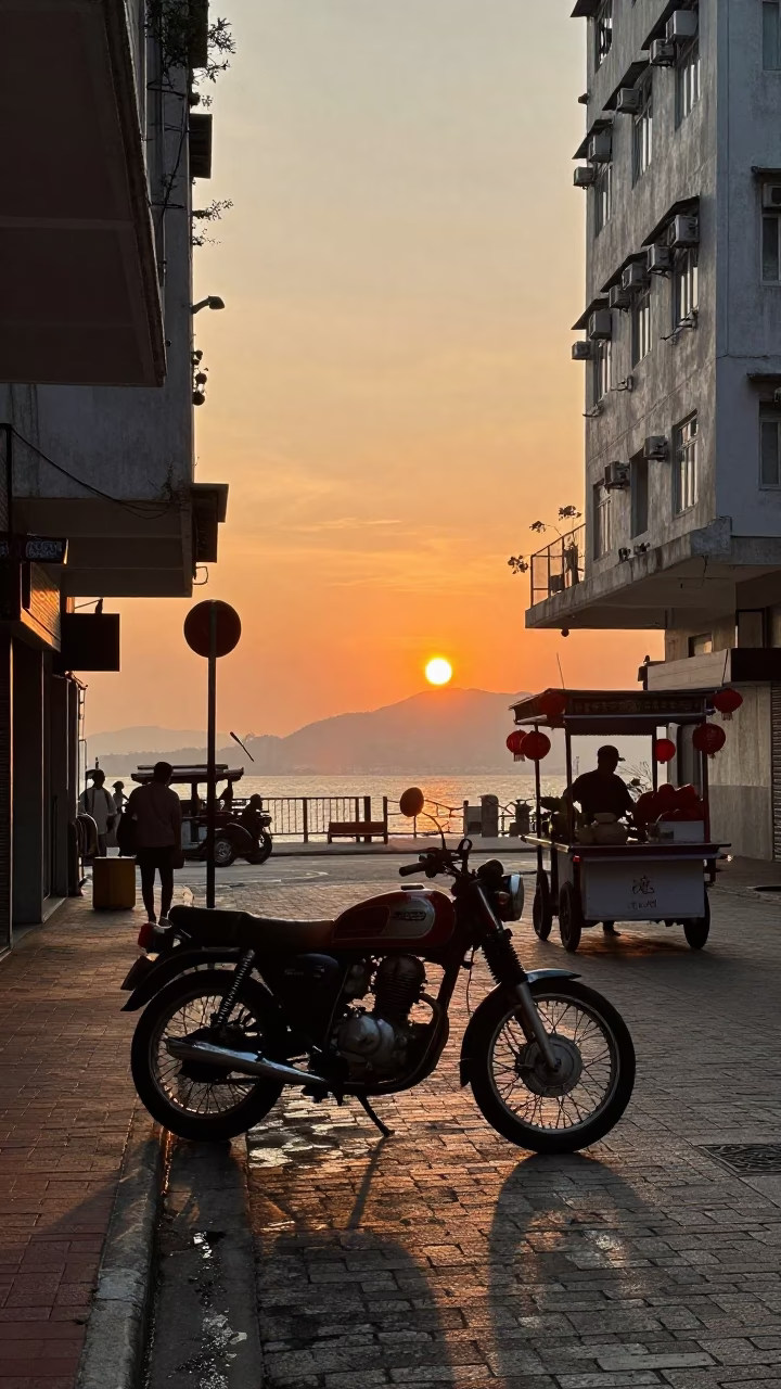 Hong Kong Street Scene at Sunset with Motorcycle and Traditional Food in in Hong Kong, Hong Kong