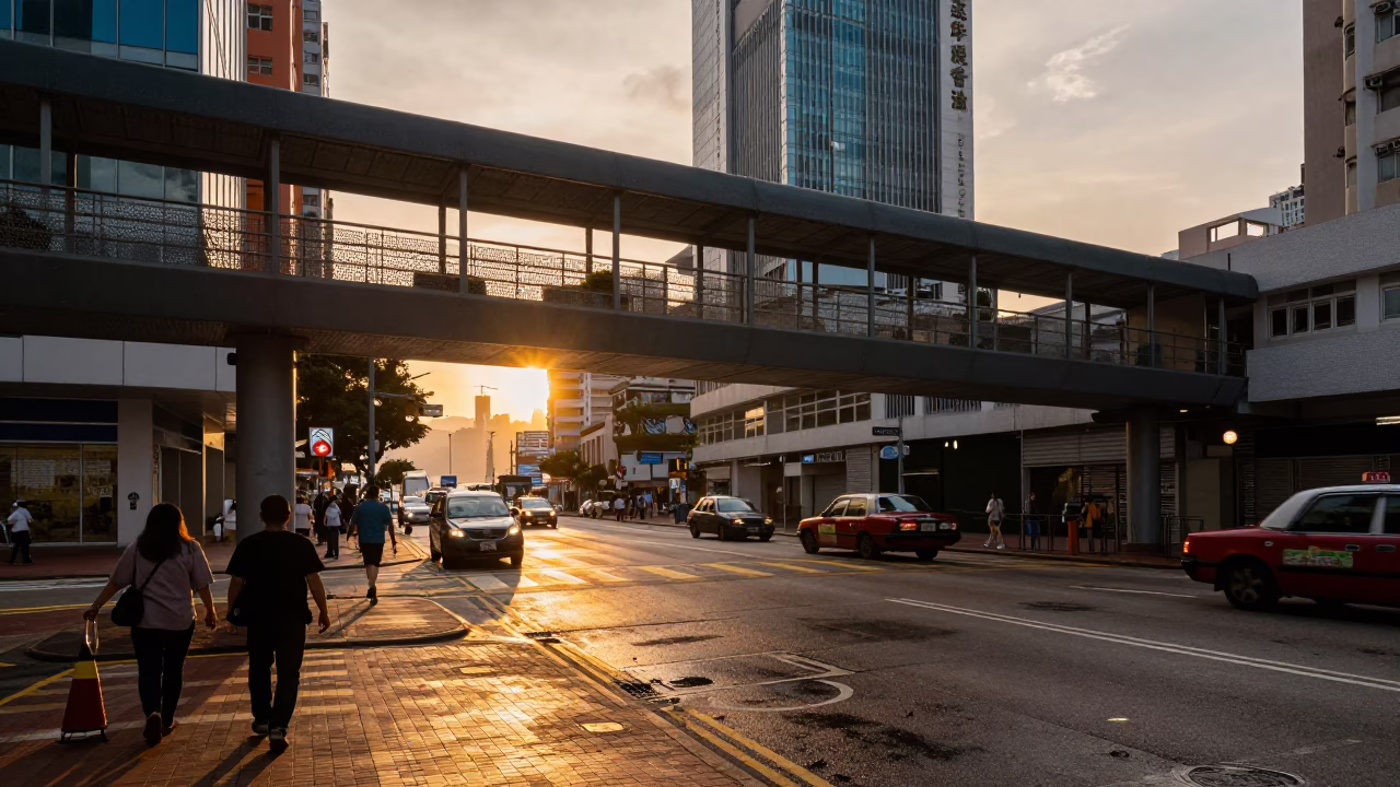 Hong Kong Street Scene at Sunset with Pedestrian Overpass and Wet Footsteps in in Hong Kong, Hong Kong