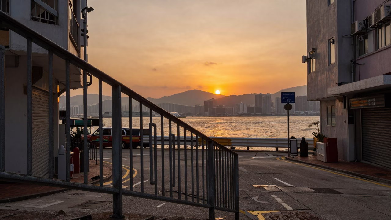 Hong Kong Street Scene at Sunset with Stair Rail and Urban Life in in Hong Kong, Hong Kong