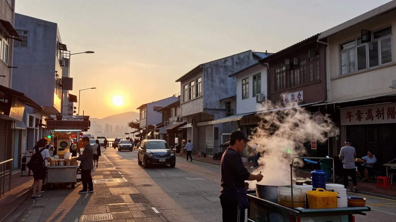 Hong Kong Street Scene at Sunset with Traditional Food Vendors and Harbor Activity in in Hong Kong, Hong Kong