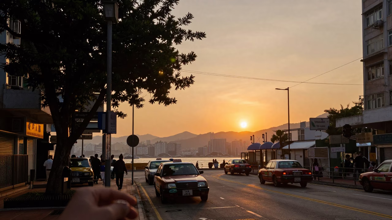 Hong Kong Street Scene at Sunset with Tree and Hand Mirror Reflections in in Hong Kong, Hong Kong