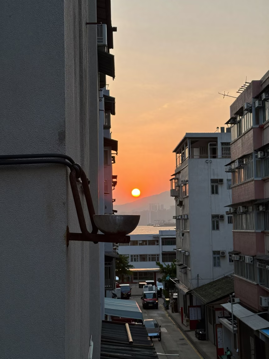 Hong Kong Street Scene at Sunset with Turnbuckle and Bowl on Balcony in in Hong Kong, Hong Kong