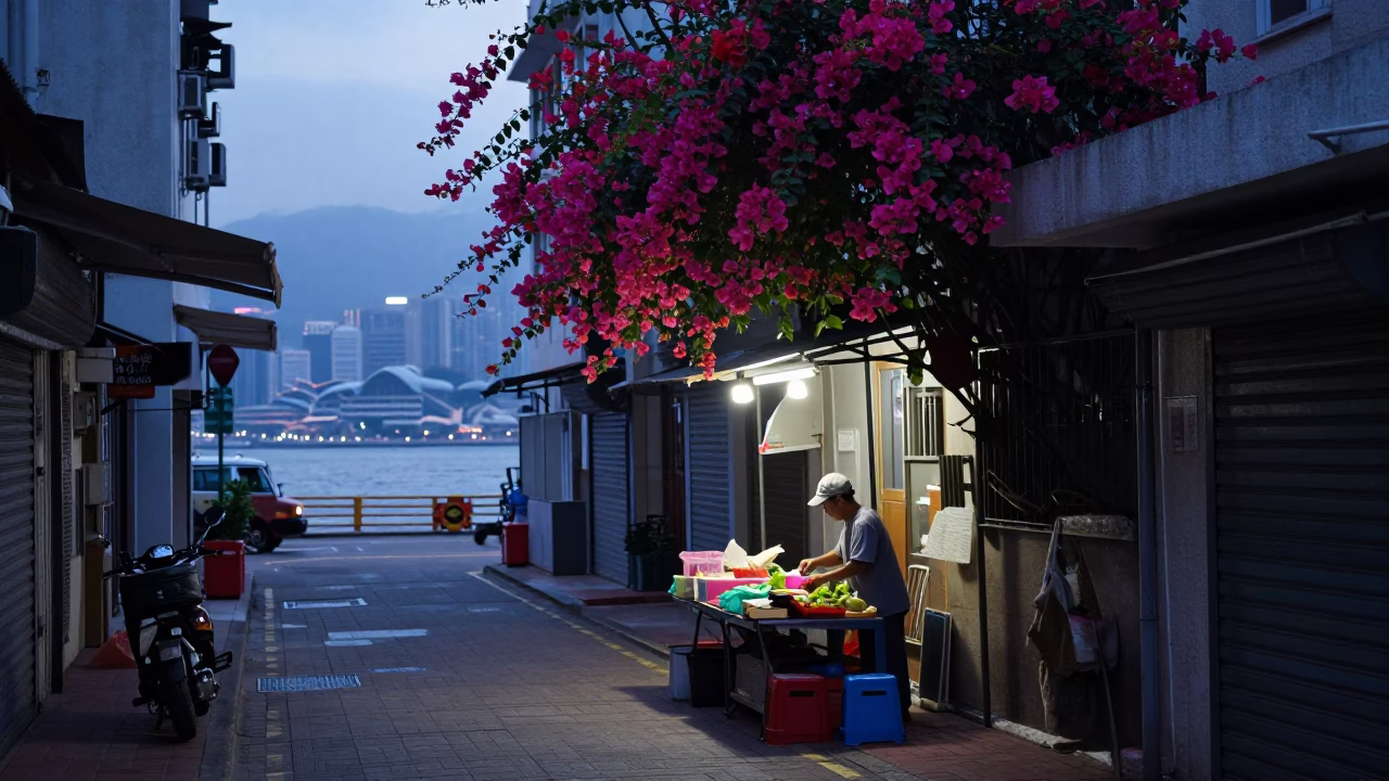 Hong Kong Street Scene Before Dawn with Bougainvillea and Morning Steam in in Hong Kong, Hong Kong