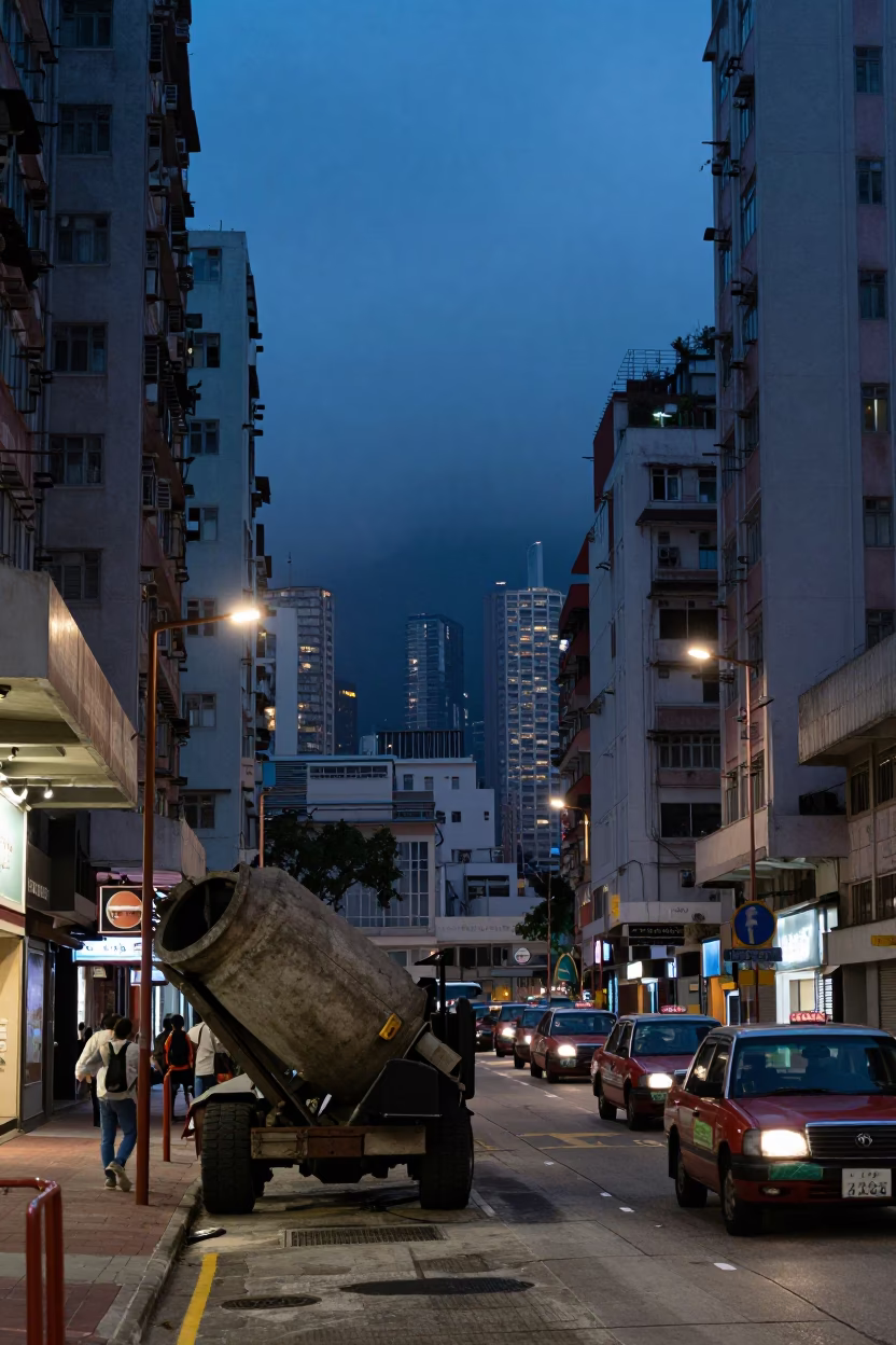 Hong Kong Street Scene Before Dawn with Cement Mixer and Urban Infrastructure in in Hong Kong, Hong Kong