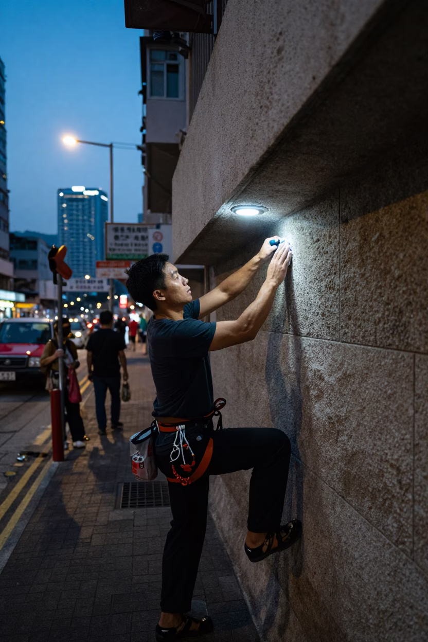 Hong Kong street scene before dawn with climber chalking hands beneath limestone wall in in Hong Kong, Hong Kong