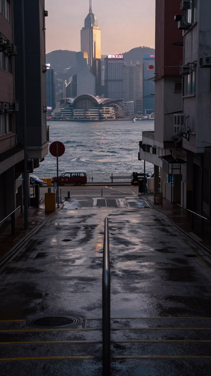 Hong Kong Street Scene Before Dawn with Water Rings on Metal Rail in in Hong Kong, Hong Kong
