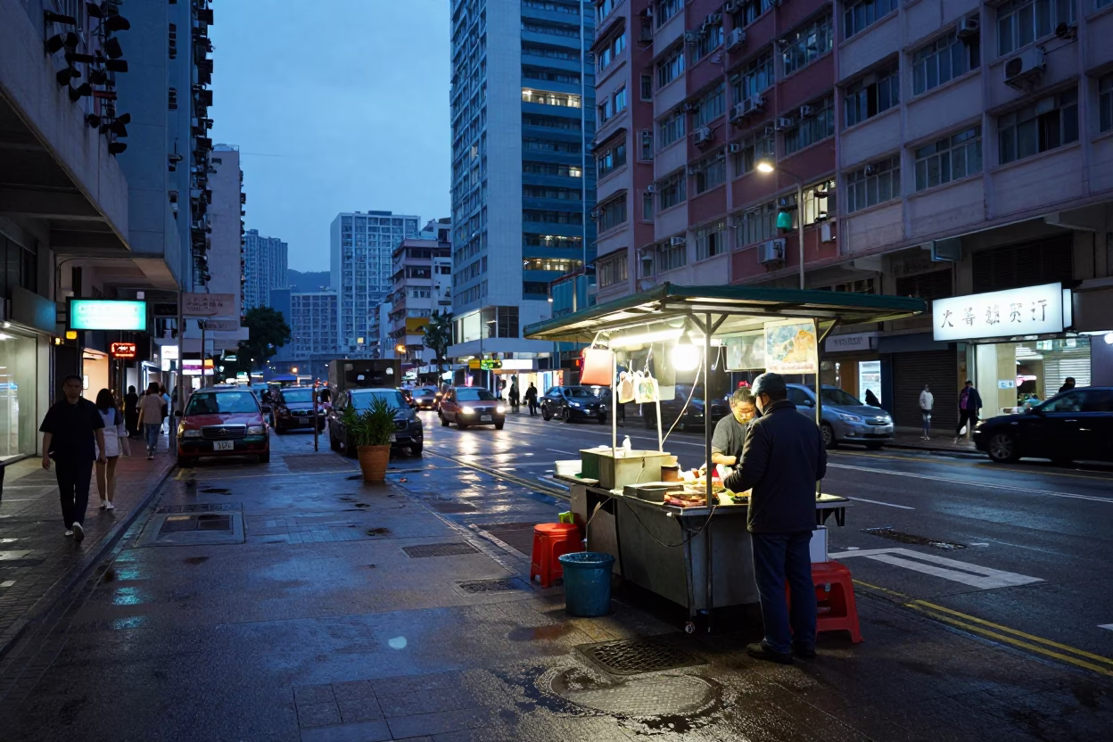 Hong Kong street scene before dawn with wet asphalt and local vendor in in Hong Kong, Hong Kong