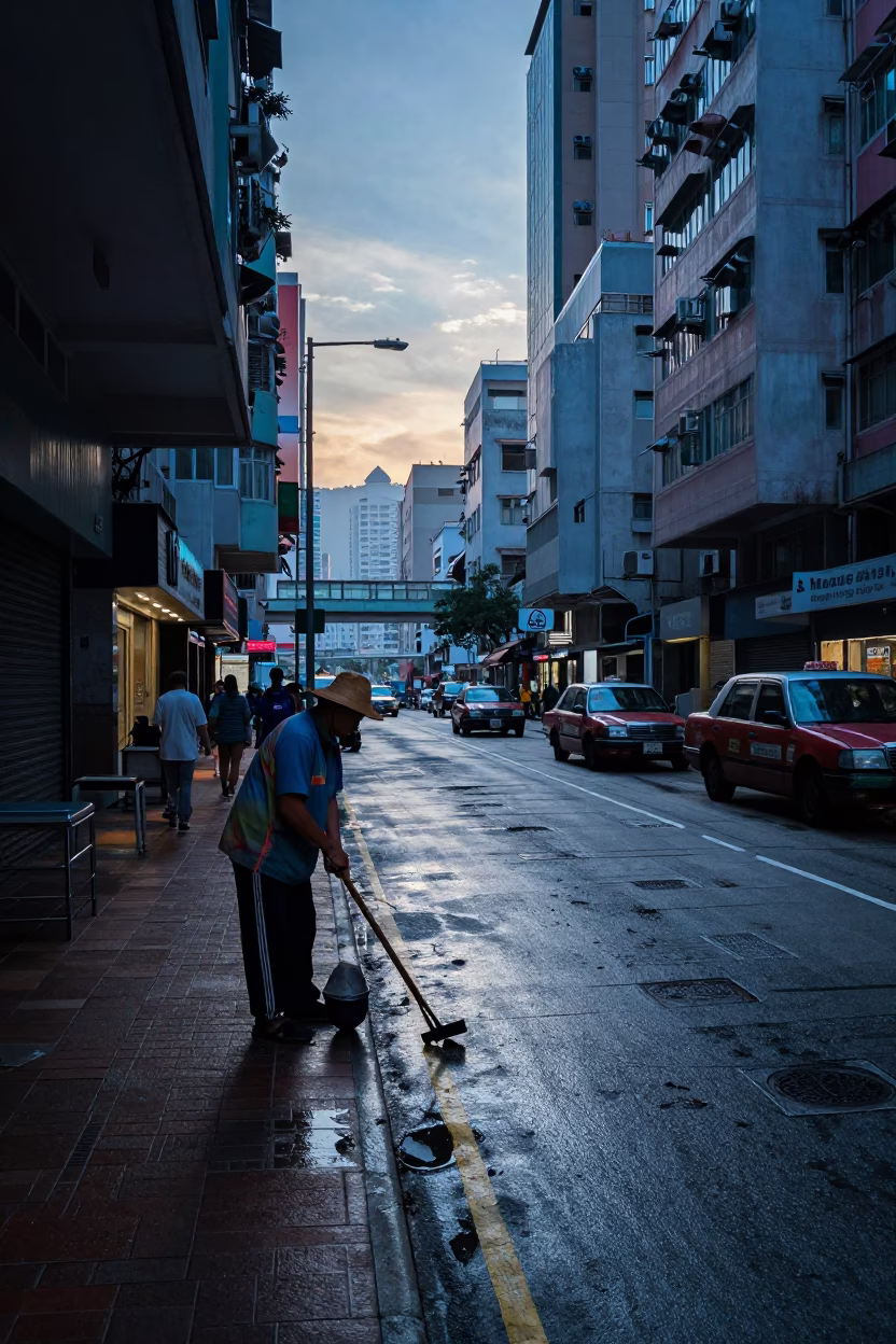 Hong Kong street scene before sunrise with workers and wet pavement reflections in in Hong Kong, Hong Kong