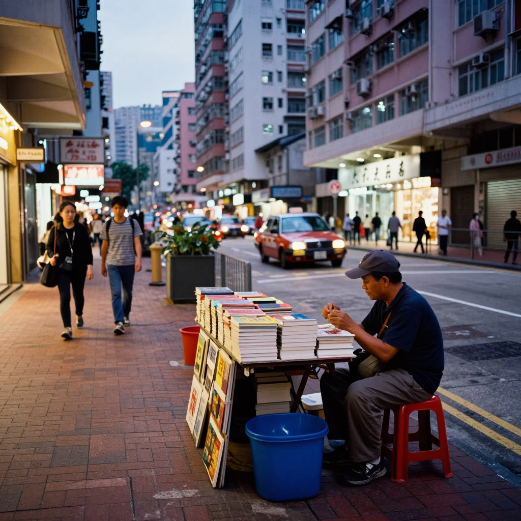 Hong Kong Street Scene Early Evening with Books and Local Life in in Hong Kong, Hong Kong