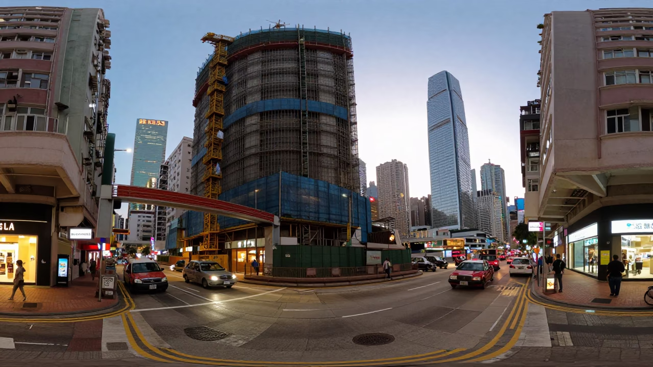 Hong Kong Street Scene Early Evening with Construction Elevator Gate and Rebar Bundles in in Hong Kong, Hong Kong