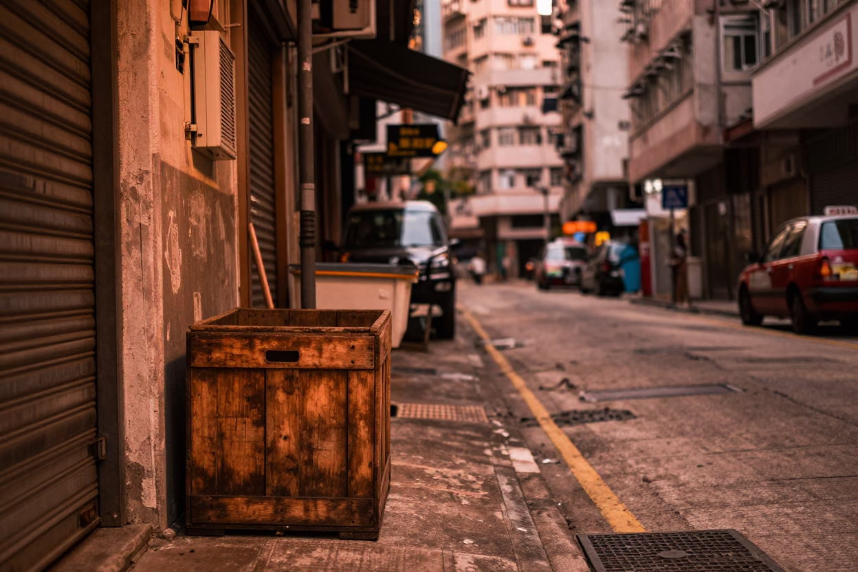Hong Kong Street Scene in Copper Dusk Light with Crate and Ferns in in Hong Kong, Hong Kong