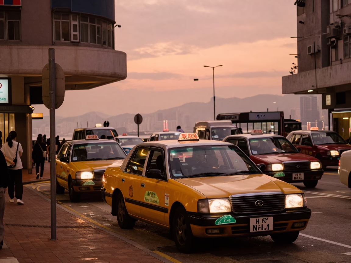 Hong Kong street scene in copper dusk with yellow taxi and brushed steel rail in in Hong Kong, Hong Kong