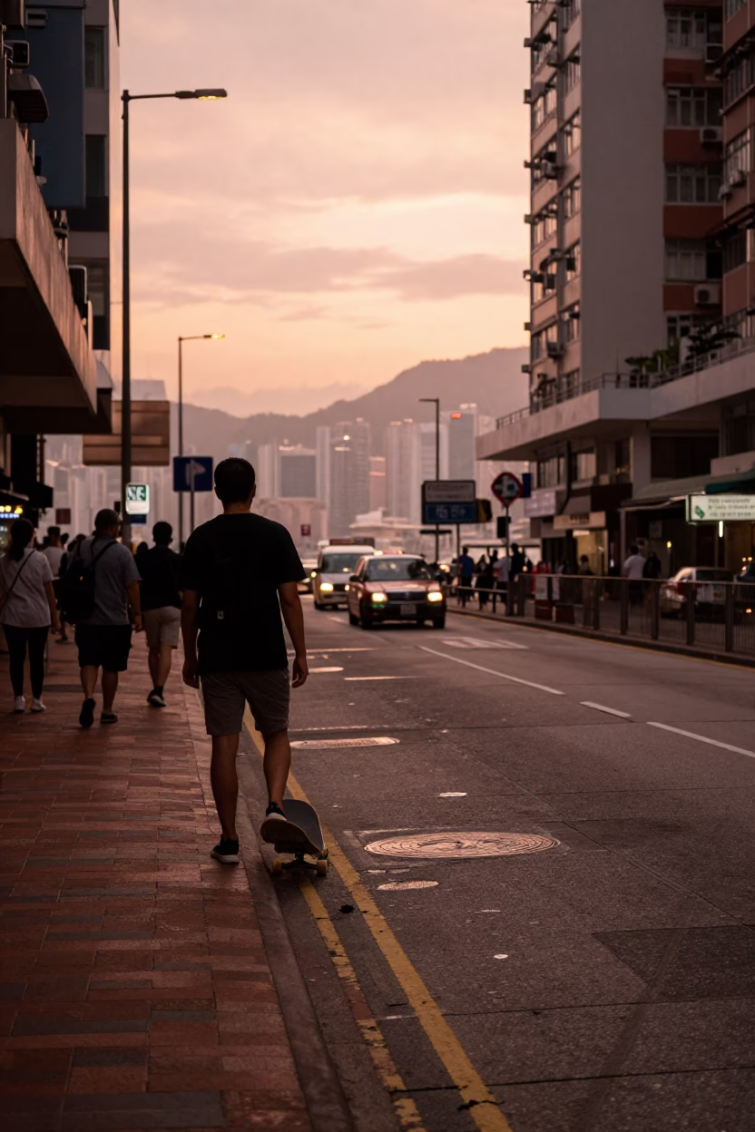 Hong Kong Street Scene in Copper Light with Skateboard and Pile Driver Construction in in Hong Kong, Hong Kong