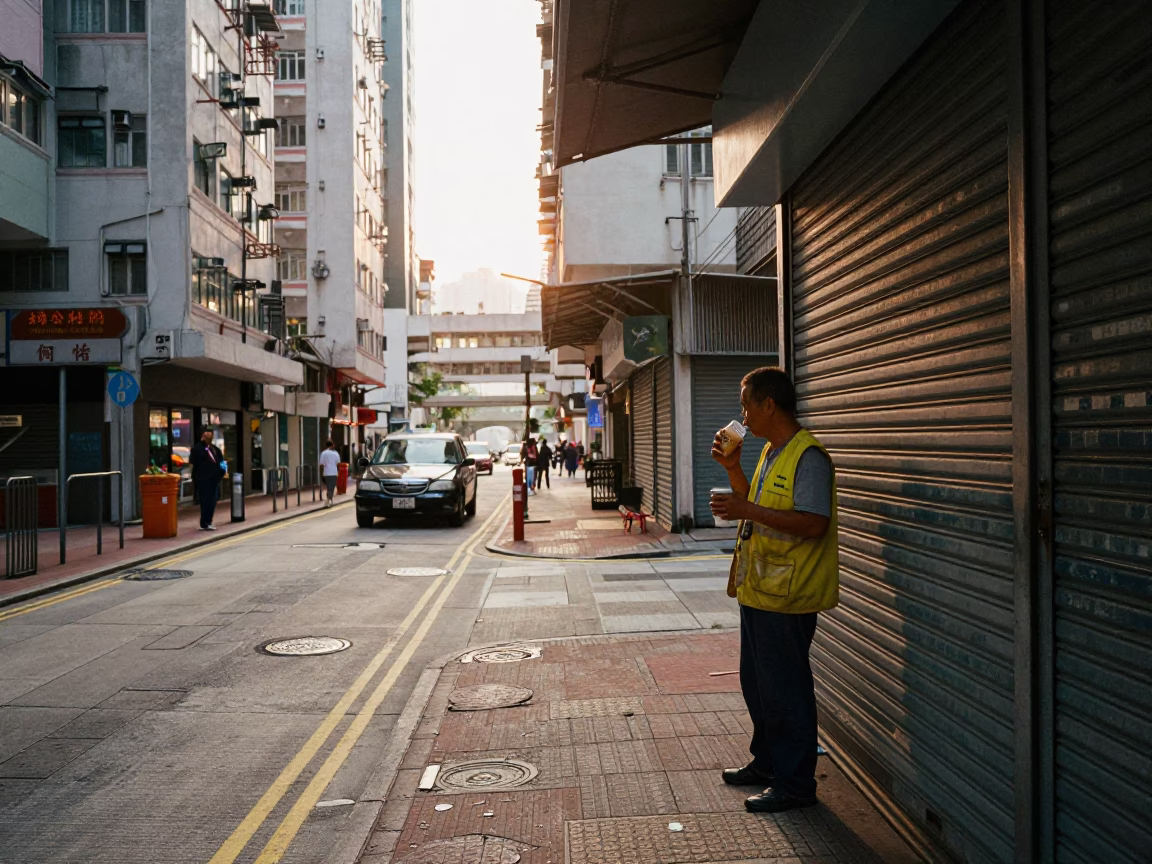 Hong Kong Street Scene Just After Sunrise with Worker and Coffee in in Hong Kong, Hong Kong