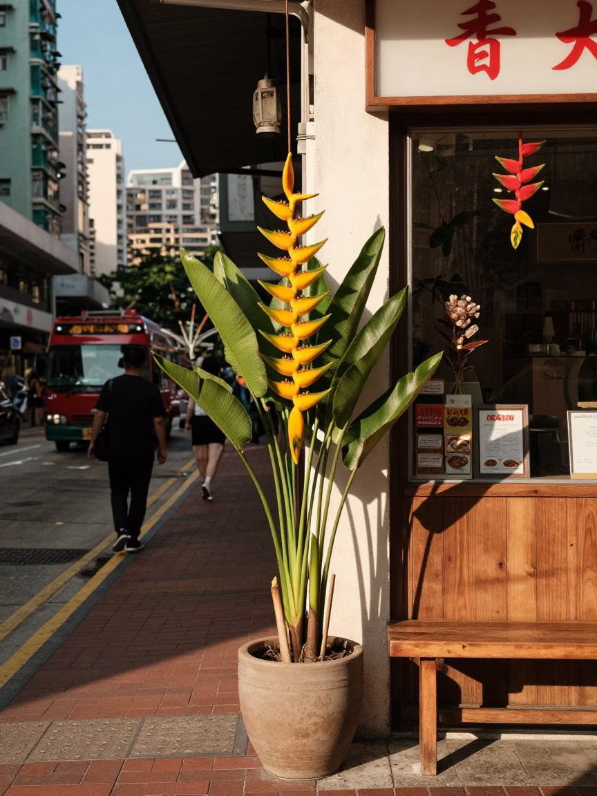 Hong Kong Street Scene Late Afternoon Light Heliconia and Traditional Architecture in in Hong Kong, Hong Kong