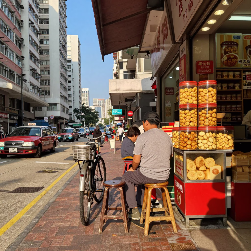 Hong Kong street scene late afternoon with bicycle stool and cargo ship horizon in in Hong Kong, Hong Kong
